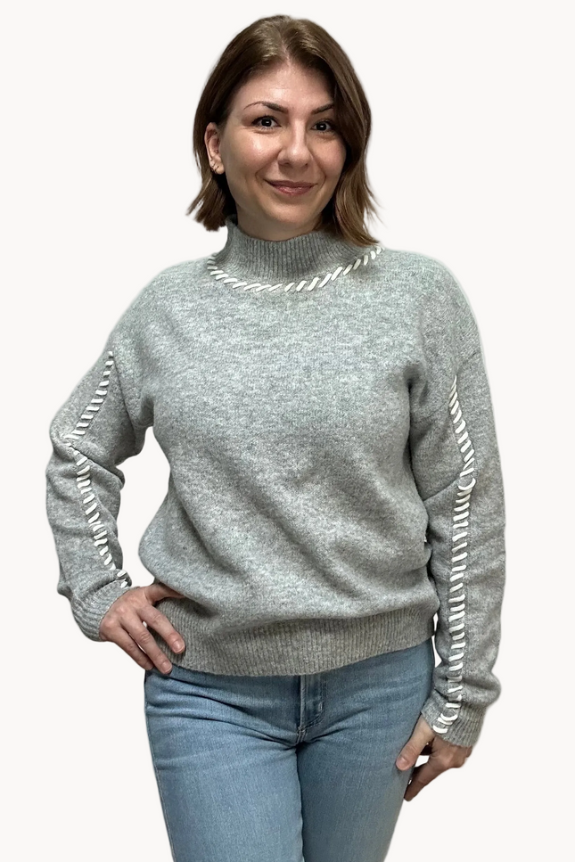 Heather grey crew-neck sweater with soft contrast stitching along the neckline and sleeves, midweight knit with stretch, photographed on a Soft Linen background for Justyna Grace Boutique.