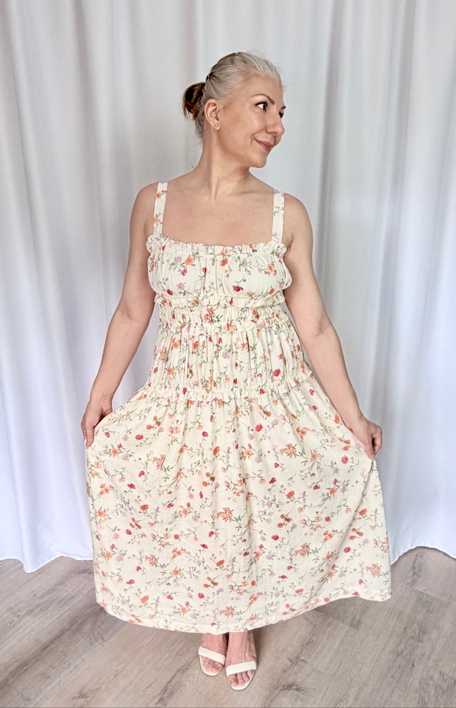 Women's floral print midi dress with sweetheart neckline, ruffled trim, and tiered shirred bodice.
