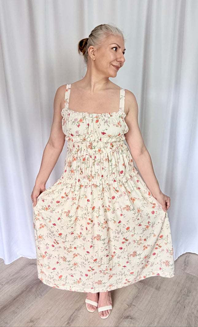 Women's floral print midi dress with sweetheart neckline, ruffled trim, and tiered shirred bodice.
