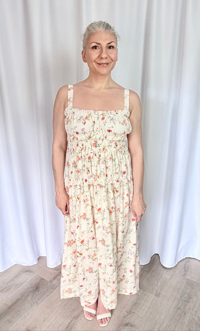 Front view of women's floral midi dress featuring a sweetheart neckline, ruffled trim, and tiered shirred bodice.