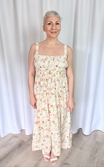 Front view of women's floral midi dress featuring a sweetheart neckline, ruffled trim, and tiered shirred bodice.