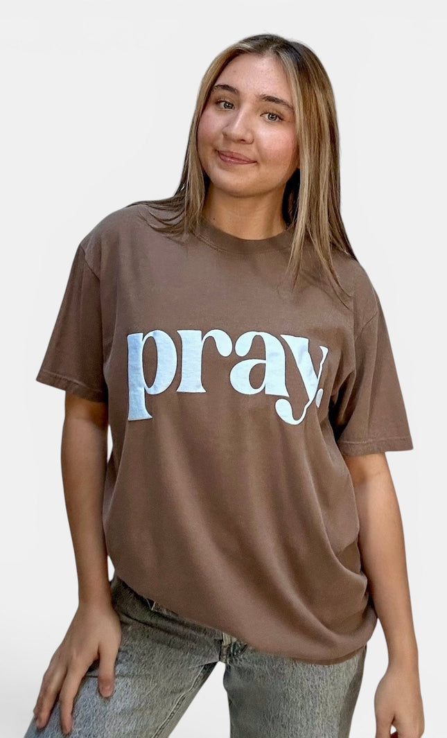 Front view of women's Pray puff print graphic T-shirt in Comfort Colors cotton.
