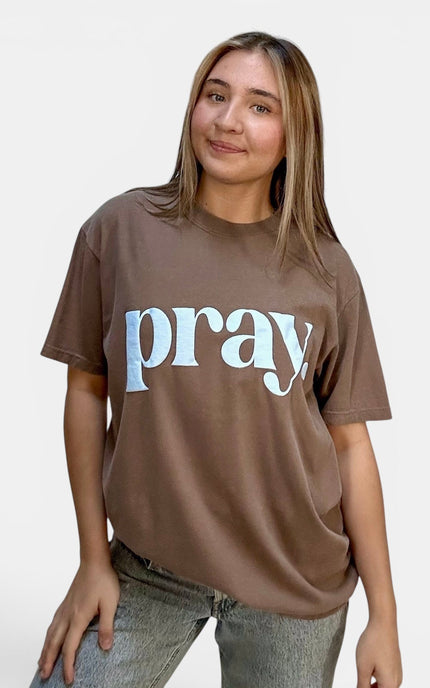 Front view of women's Pray puff print graphic T-shirt in Comfort Colors cotton.