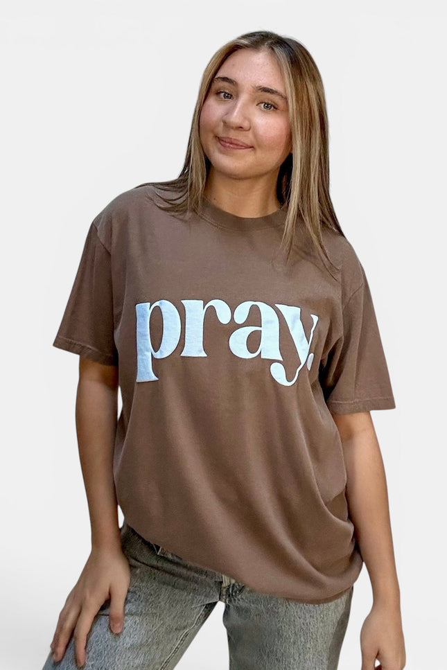Front view of women's Pray puff print graphic T-shirt in Comfort Colors cotton.