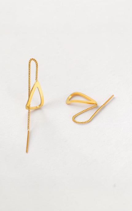 Flat lay view of 18k gold PVD plated stainless steel threader earrings, neatly styled to show the exact scale of the 16.6mm open triangle charms and delicate chains.