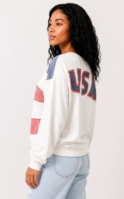 Rear angled view of mineral wash patriotic pullover featuring USA graphic