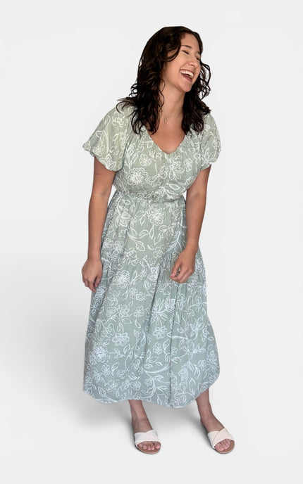 Light sage green midi dress with a white floral pattern, featuring short flutter sleeves and a V-neckline, set against a plain light gray background.