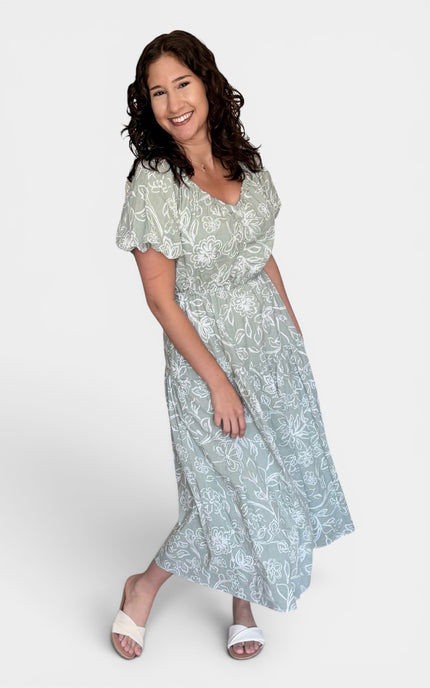 Light sage green midi dress with a white floral pattern, featuring short flutter sleeves and a V-neckline, paired with white slide sandals against a light gray studio background.