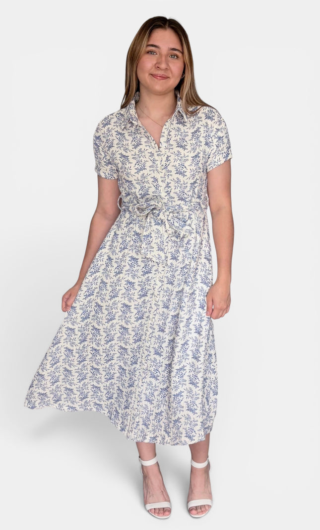 Women's floral button-front shirt dress with tie waist