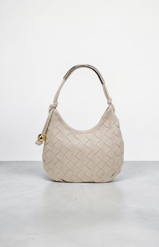 Vivienne Woven Hobo Bag in vegan leather with woven front panel, crescent silhouette, curved gold metal top handle, and knotted side strap with polished metal bead detail
