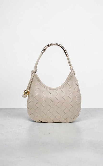 Vivienne Woven Hobo Bag in vegan leather with woven front panel, crescent silhouette, curved gold metal top handle, and knotted side strap with polished metal bead detail