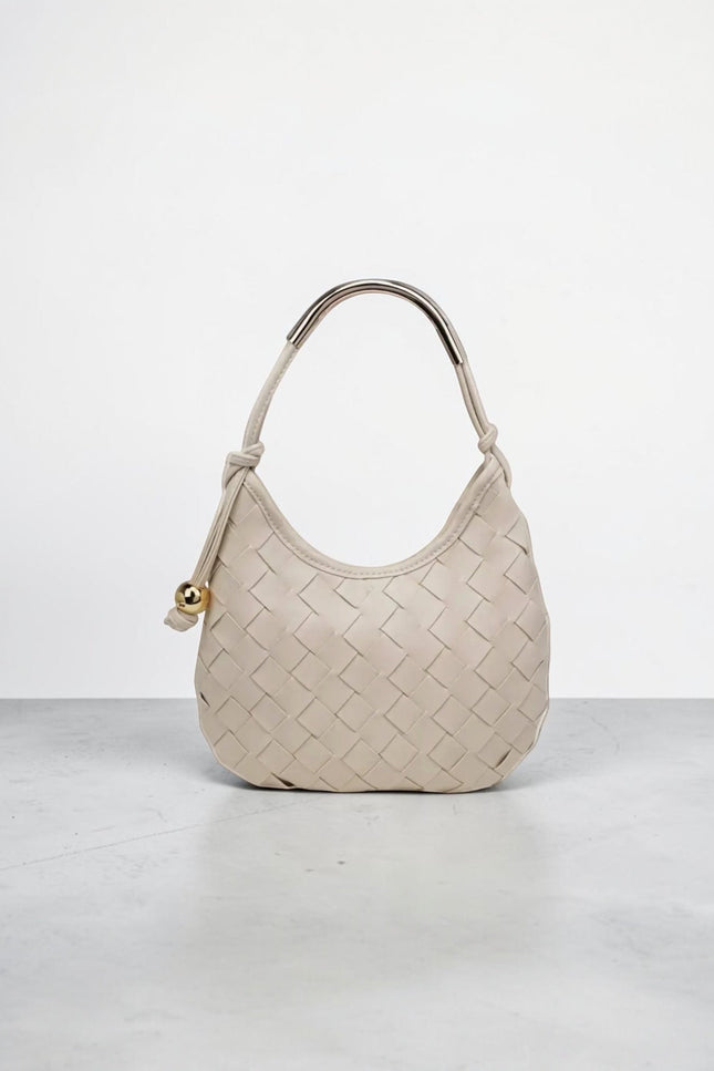 Vivienne Woven Hobo Bag in vegan leather with woven front panel, crescent silhouette, curved gold metal top handle, and knotted side strap with polished metal bead detail