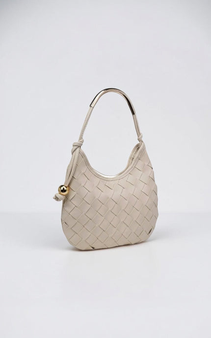 Vivienne Woven Hobo Bag in vegan leather with woven front panel, crescent silhouette, curved gold metal top handle, and knotted side strap with polished metal bead detail