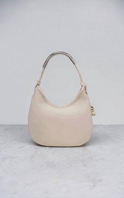 Back view of the Vivienne Woven Hobo Bag showing smooth vegan leather panel and zip-top closure with gold hardware
