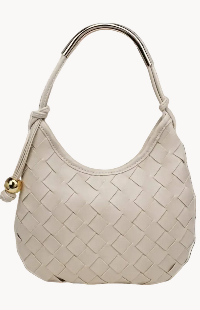Vivienne woven hobo bag with sculpted crescent silhouette, featuring a woven front panel, gold hardware, and curved metal top handle.