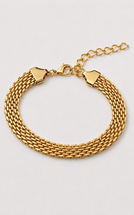 A stainless steel 18K gold-plated multi-strand mesh chain bracelet with a lobster clasp and extender chain, displayed on a light gray background.