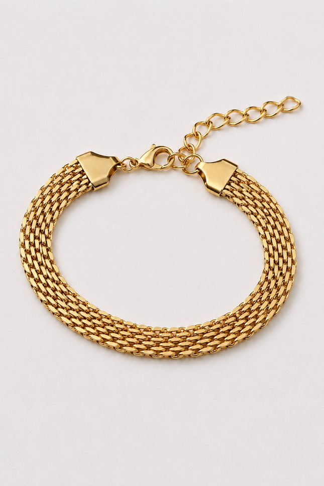 A stainless steel 18K gold-plated multi-strand mesh chain bracelet with a lobster clasp and extender chain, displayed on a light gray background.
