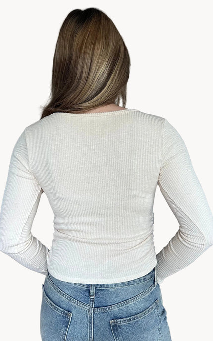 Abigail ribbed ruched long sleeve top with round neckline and softly fitted silhouette