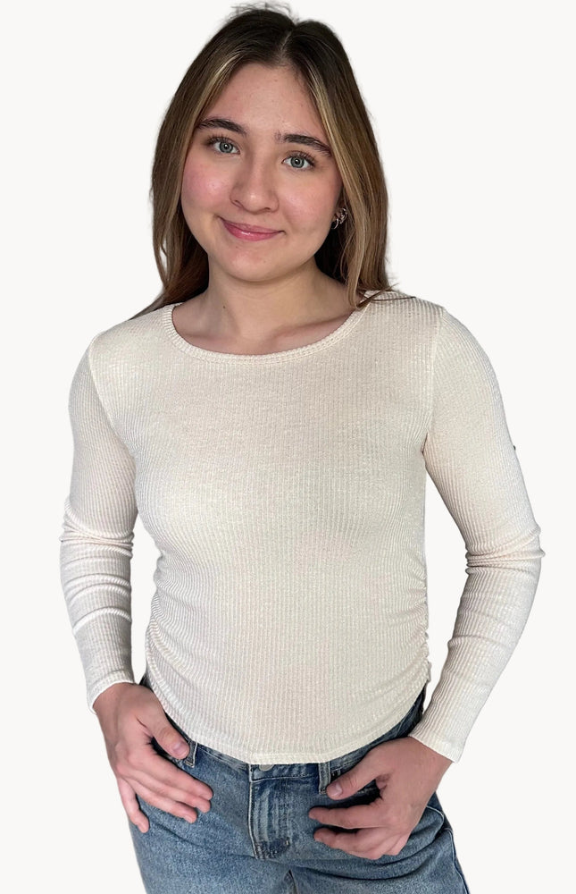 Abigail ribbed ruched long sleeve top with round neckline and softly fitted silhouette