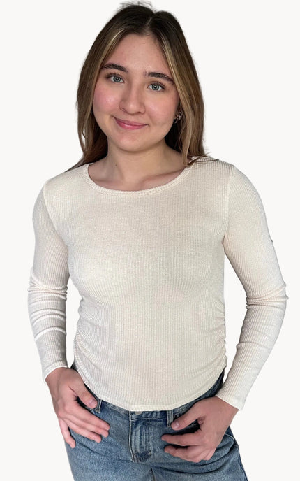 Abigail ribbed ruched long sleeve top with round neckline and softly fitted silhouette