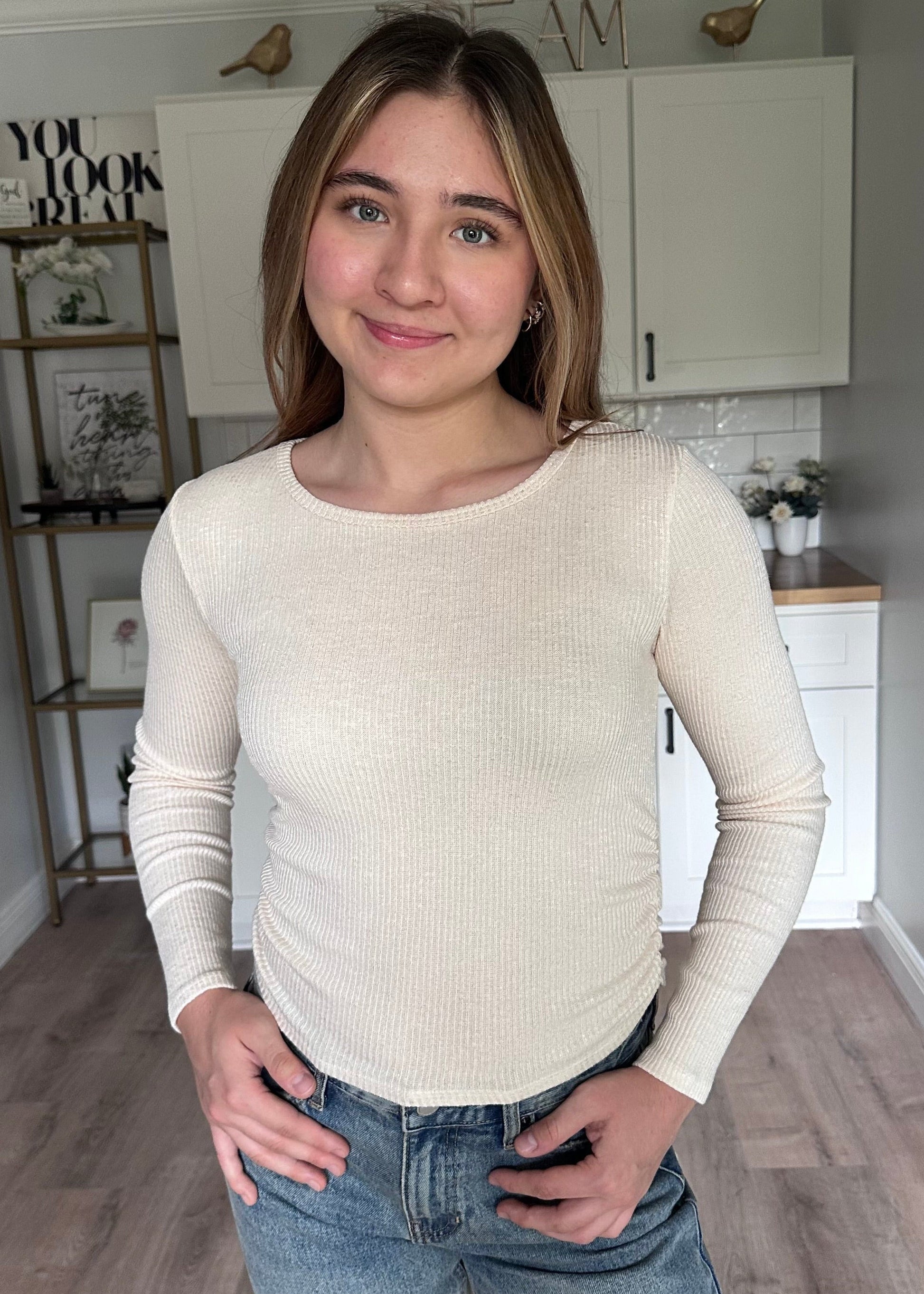 Abigail ribbed ruched long sleeve top with round neckline and softly fitted silhouette