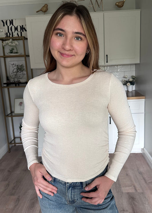 Abigail ribbed ruched long sleeve top with round neckline and softly fitted silhouette