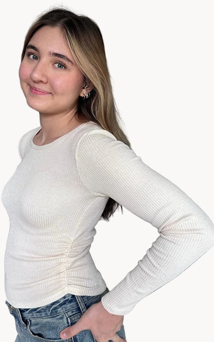 Abigail ribbed ruched long sleeve top with round neckline and softly fitted silhouette