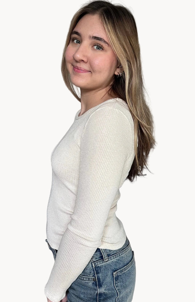 Abigail ribbed ruched long sleeve top with round neckline and softly fitted silhouette