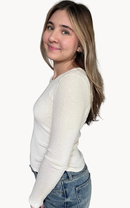 Abigail ribbed ruched long sleeve top with round neckline and softly fitted silhouette