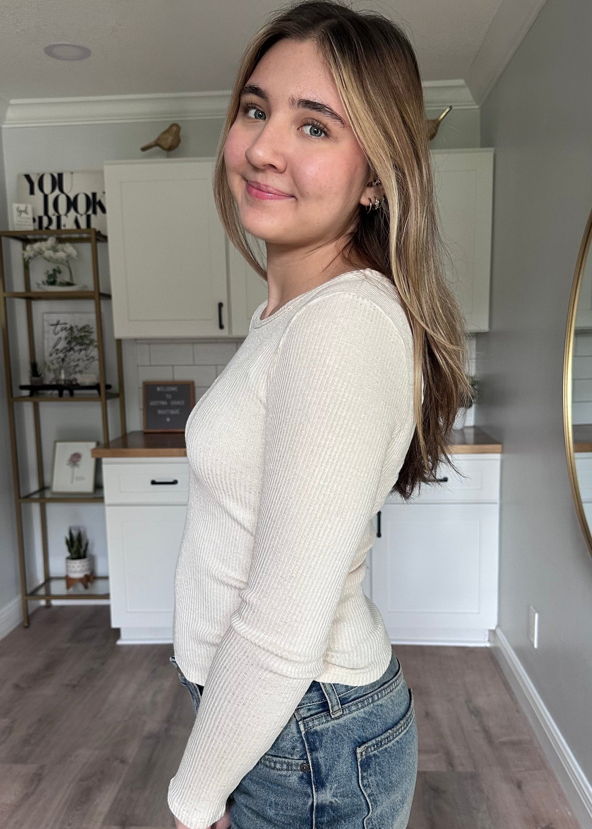 Abigail ribbed ruched long sleeve top with round neckline and softly fitted silhouette