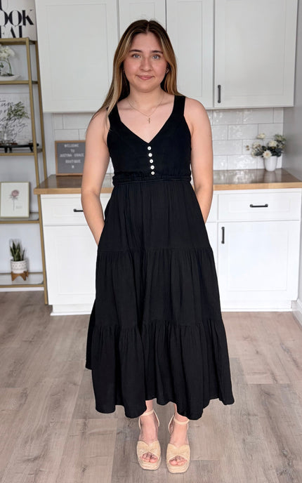 Black cotton gauze midi dress with sleeveless cut and fitted waist