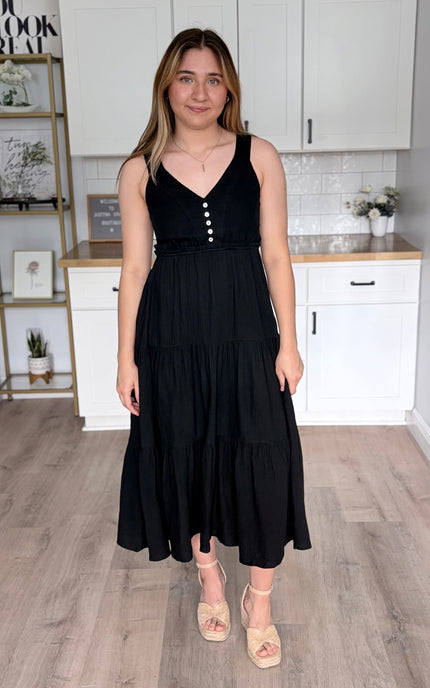 Black cotton gauze midi dress with fitted waist