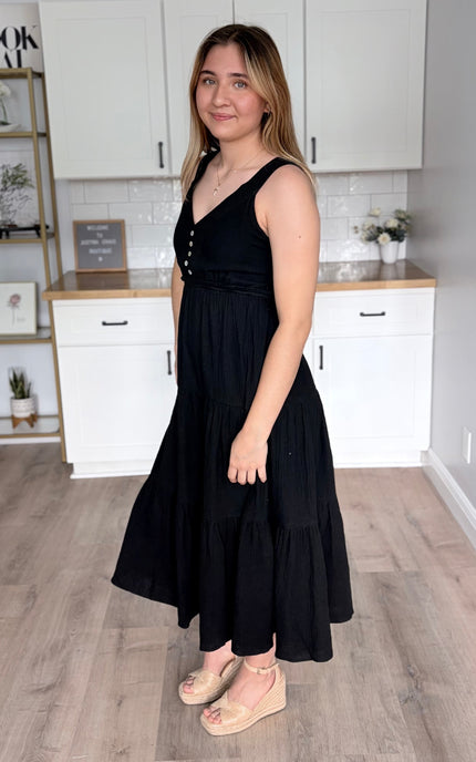 Black cotton gauze midi dress with fitted waist