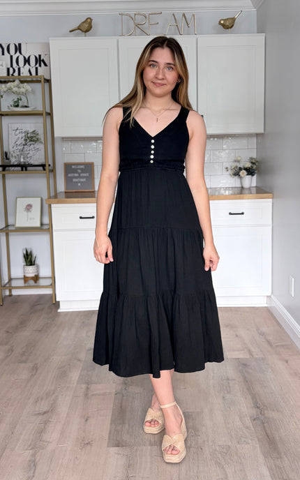 Black cotton gauze midi dress with sleeveless cut and fitted waist