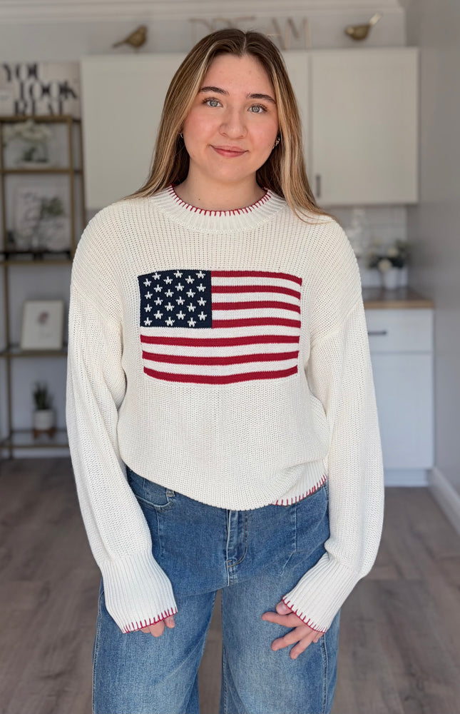 American flag knit sweater with relaxed fit and crew neckline