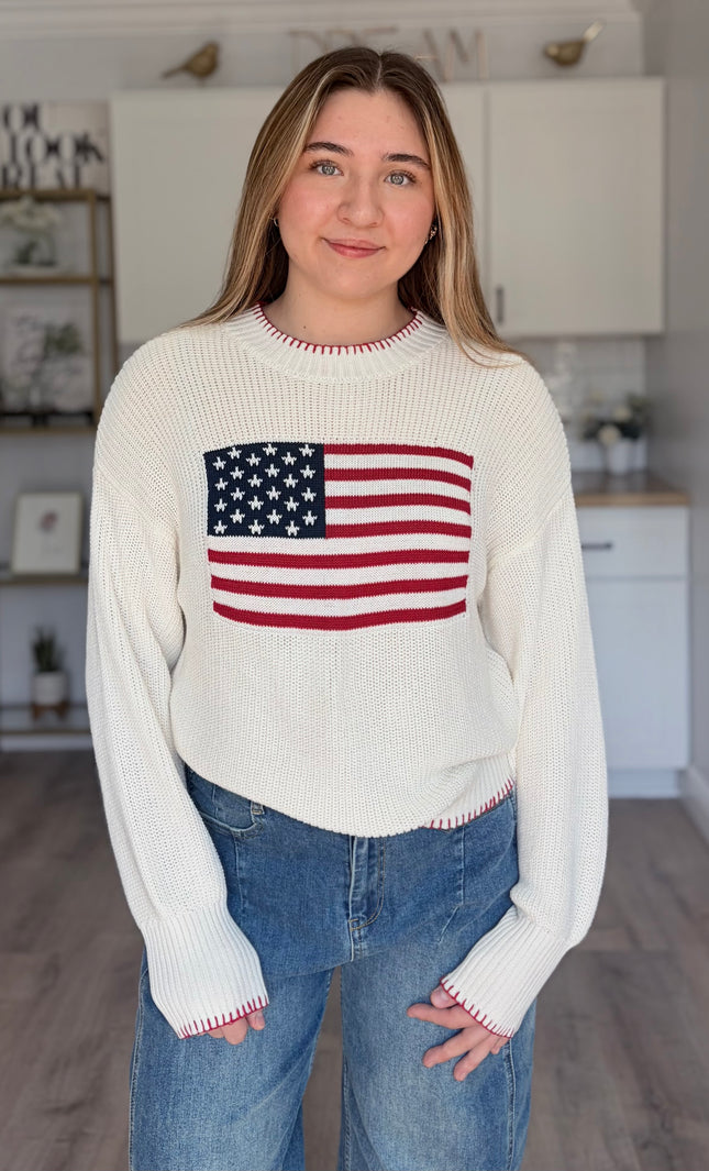 American flag knit sweater with relaxed fit and crew neckline