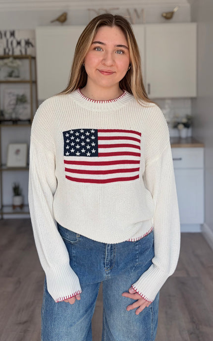 American flag knit sweater with relaxed fit and crew neckline