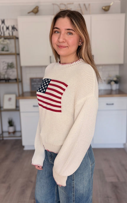American flag knit sweater with relaxed fit and crew neckline