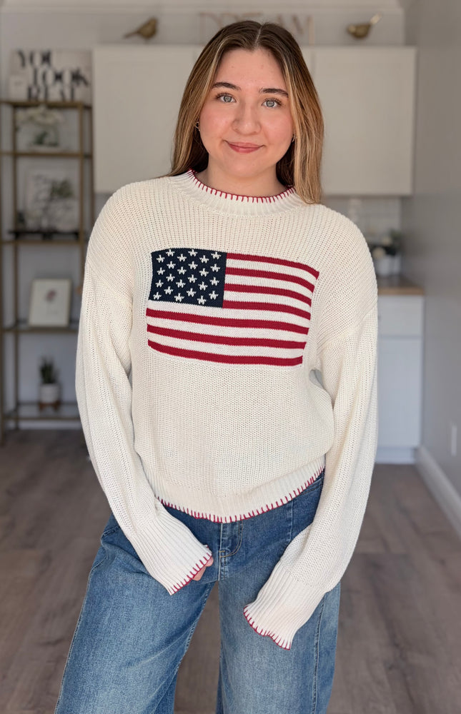 American flag knit sweater with relaxed fit and crew neckline