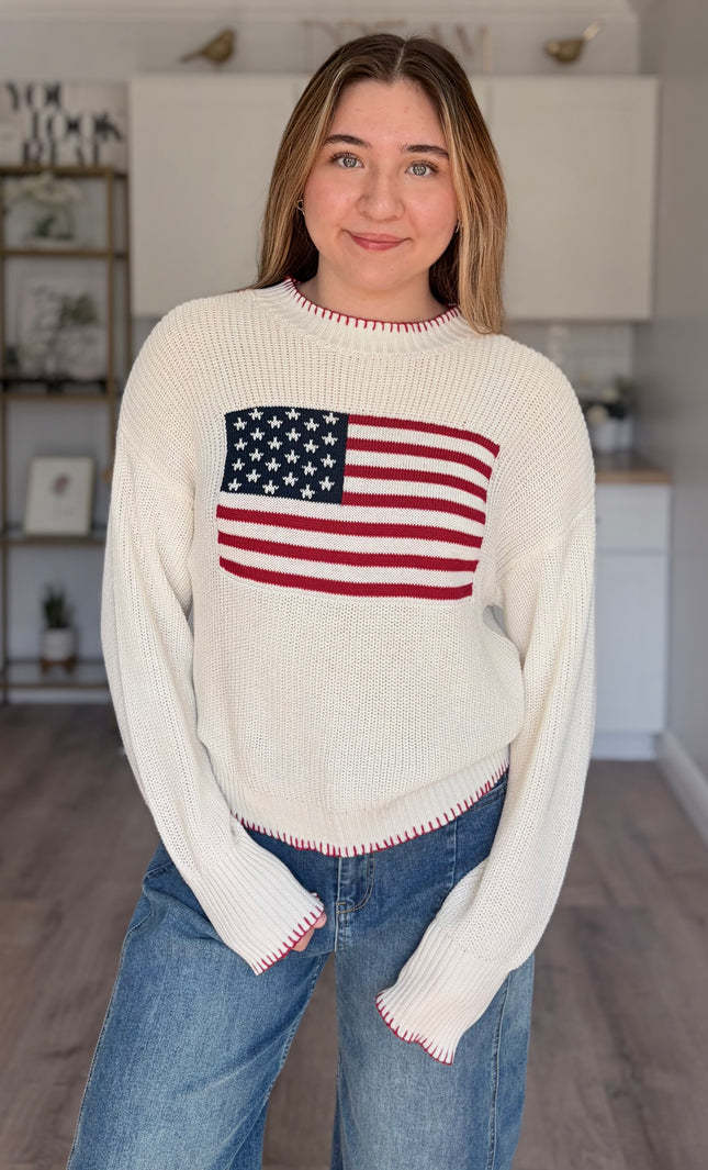 American flag knit sweater with relaxed fit and crew neckline