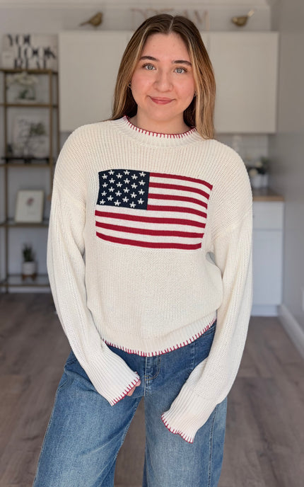 American flag knit sweater with relaxed fit and crew neckline