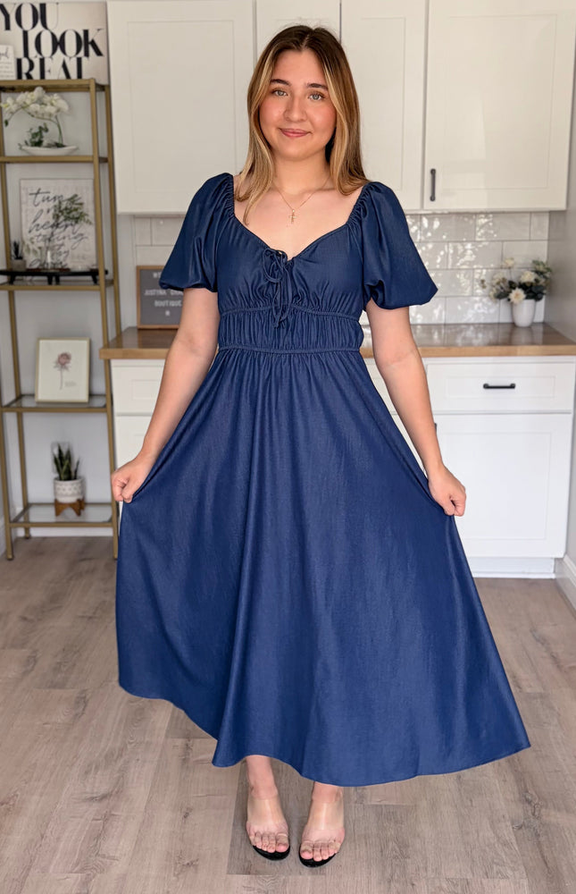 Arabelle French blue Tencel blend midi dress with smocked bodice and bubble sleeves