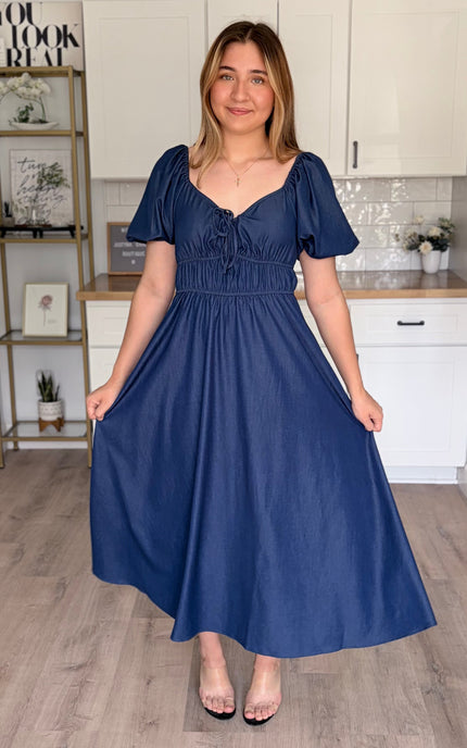 Arabelle French blue Tencel blend midi dress with smocked bodice and bubble sleeves