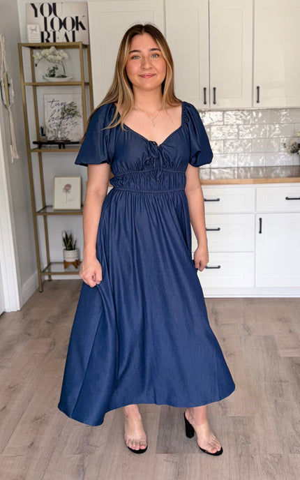 Arabelle French blue Tencel blend midi dress with smocked bodice and bubble sleeves