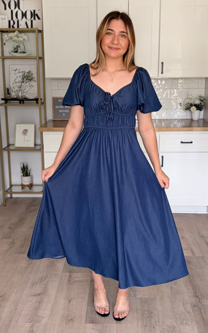 Arabelle French blue smocked Tencel midi dress with bubble sleeves and A-line skirt