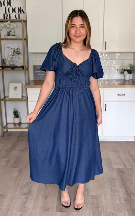 Arabelle French blue smocked Tencel midi dress with bubble sleeves and A-line skirt