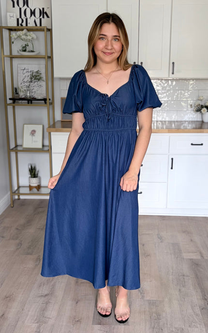 Arabelle French blue smocked Tencel midi dress with bubble sleeves and A-line skirt