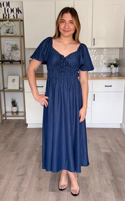Arabelle French blue smocked Tencel midi dress with bubble sleeves and A-line skirt