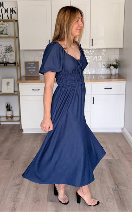 Arabelle French blue smocked Tencel midi dress with bubble sleeves and A-line skirt