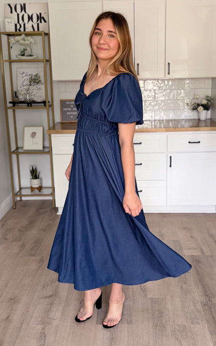 Arabelle French blue Tencel blend midi dress with smocked bodice and bubble sleeves